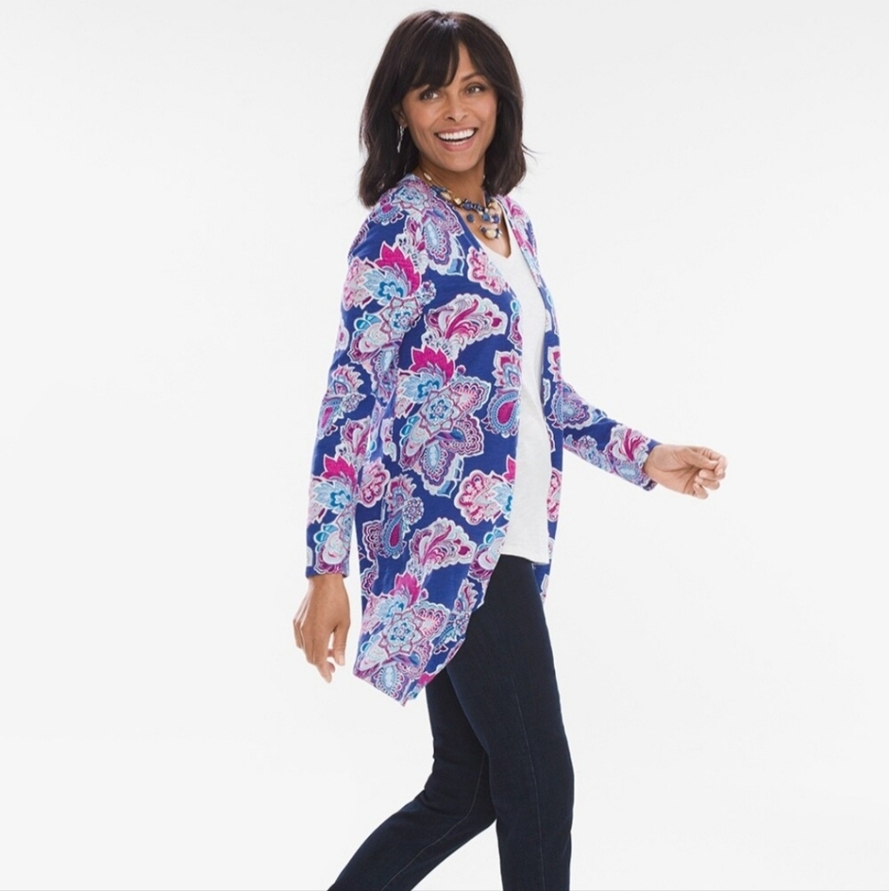 Chico's New Outline Floral Cardigan Sweater XL | 3 Paisley Cotton Modal Pockets